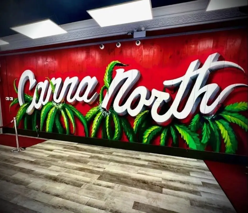 Canna North store with a red feature wall and wood-look plank floor